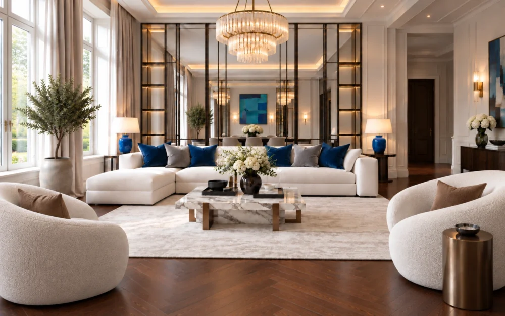 Salon modern classic w rezydencji w Warszawie z jasną sofą, granatowymi dodatkami i marmurowym stolikiem